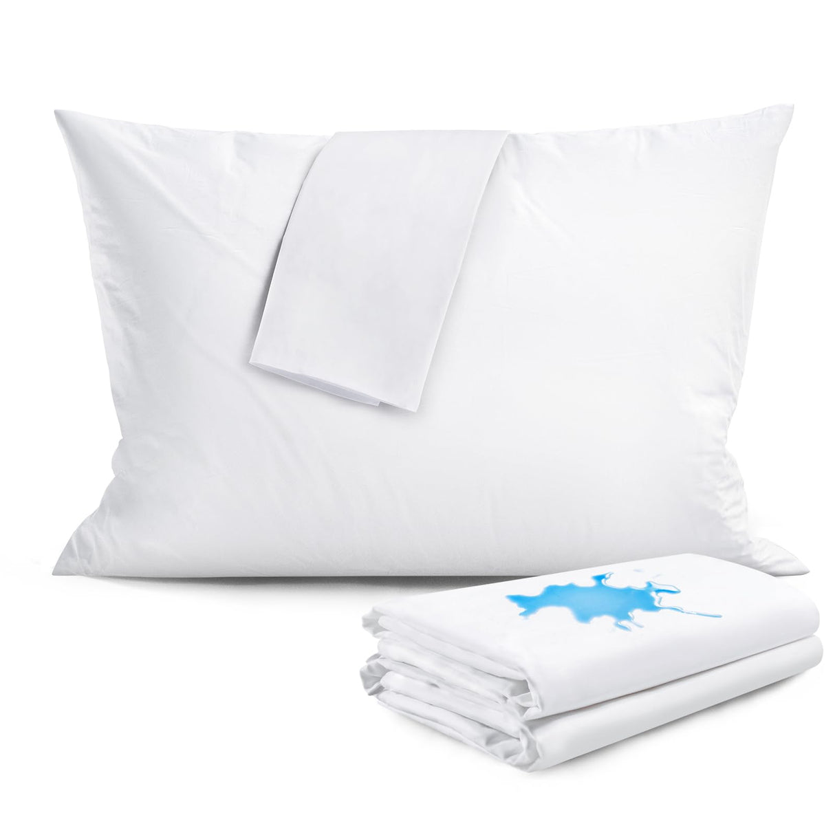 100% Waterproof Pillow Protectors with Zipper, 600 Thread-Count 100% Cotton Pillow Covers, Soft