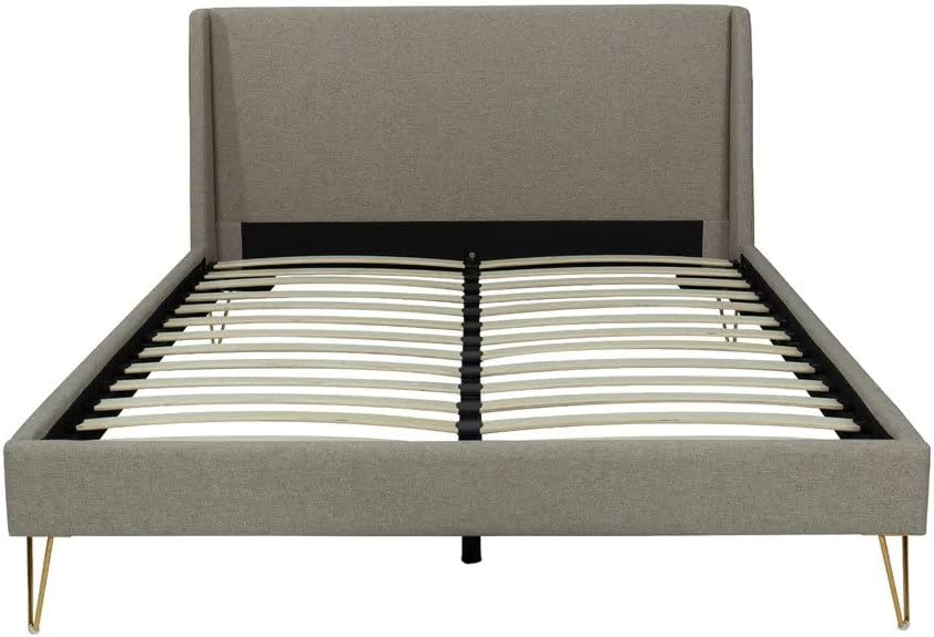 Upholstered Bed Frame with Unique Angled Brass Legs