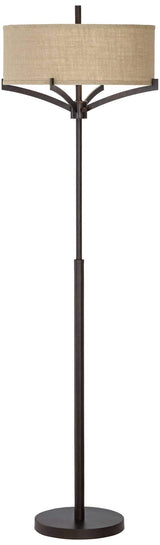 Franklin Iron Works Tremont Modern Mid Century Floor Lamp Standing 62" Tall Deep Bronze Metal Tan Burlap Drum Shade for Living Room Reading Bedroom Office House Home Decor