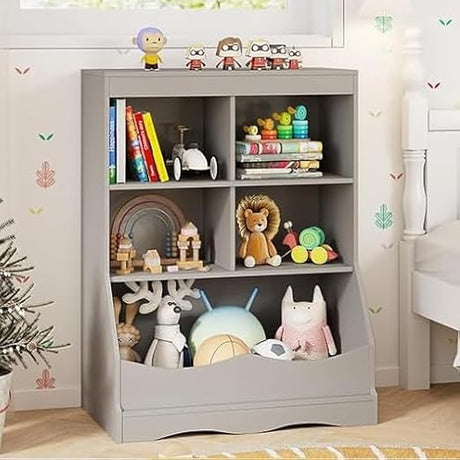 Toy Storage Organizer, 5-Cubby Kids Bookshelf with Footboard and Anti-Tipping