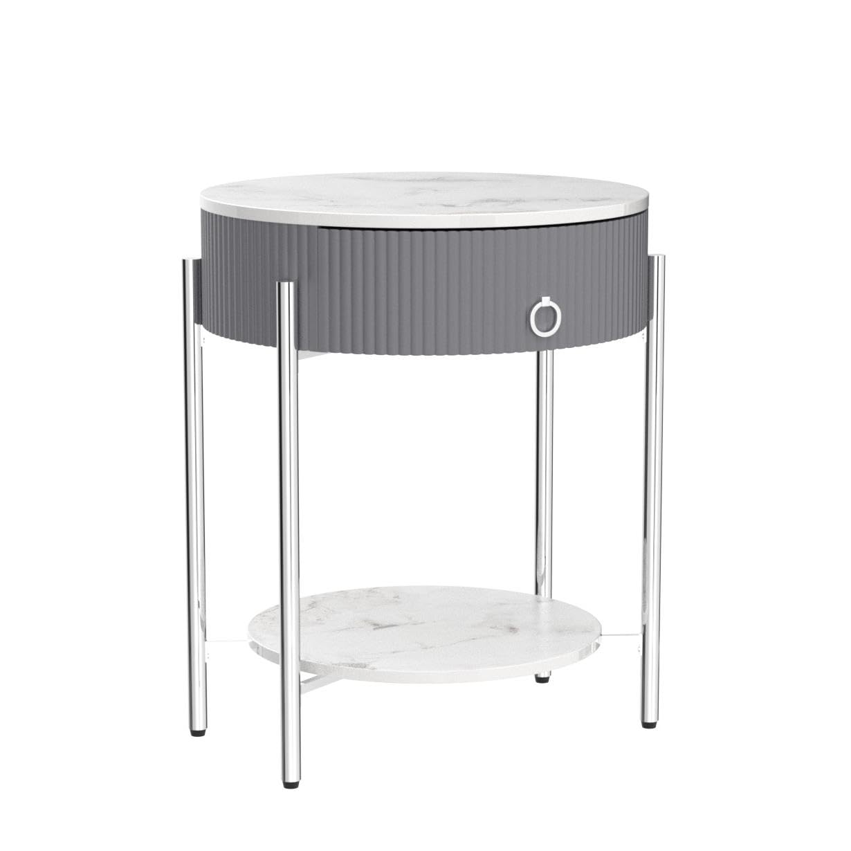 Round Side Table with Drawer, Modern Nightstand with Shelf and Chrome
