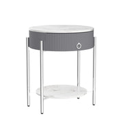 Round Side Table with Drawer, Modern Nightstand with Shelf and Chrome