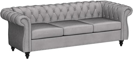 Modern Tufted Couch 3 Seater with Rolled Arms and Nailhead