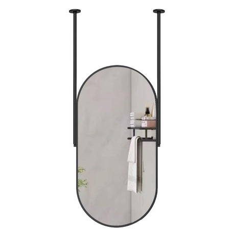 Oval Ceiling Mounted Mirror with Black Metal Frame, Wall Floating Makeup Vanity Mirrors