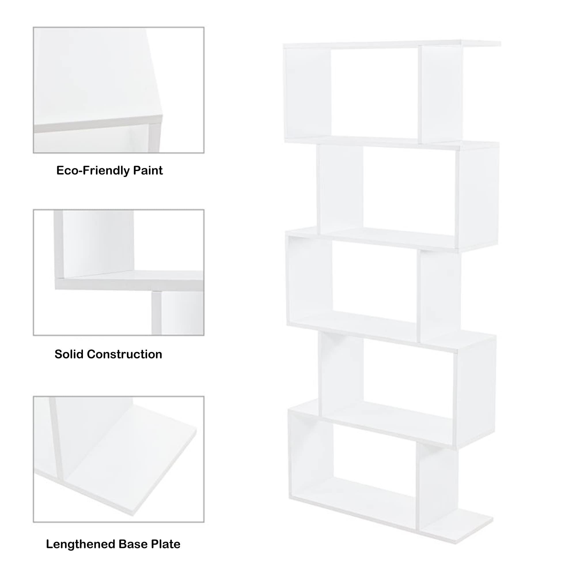 5-Tier Geometric Bookcase, Freestanding S Shaped Bookshelf, Modern Multifunctional Display Shelves