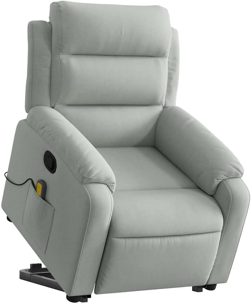 vidaXL Stand Up Light Gray Velvet Massage Recliner - Electric Power Lift Armchair with Manual Recline, 6-Point Vibration, Side Pocket, Comfy Seat