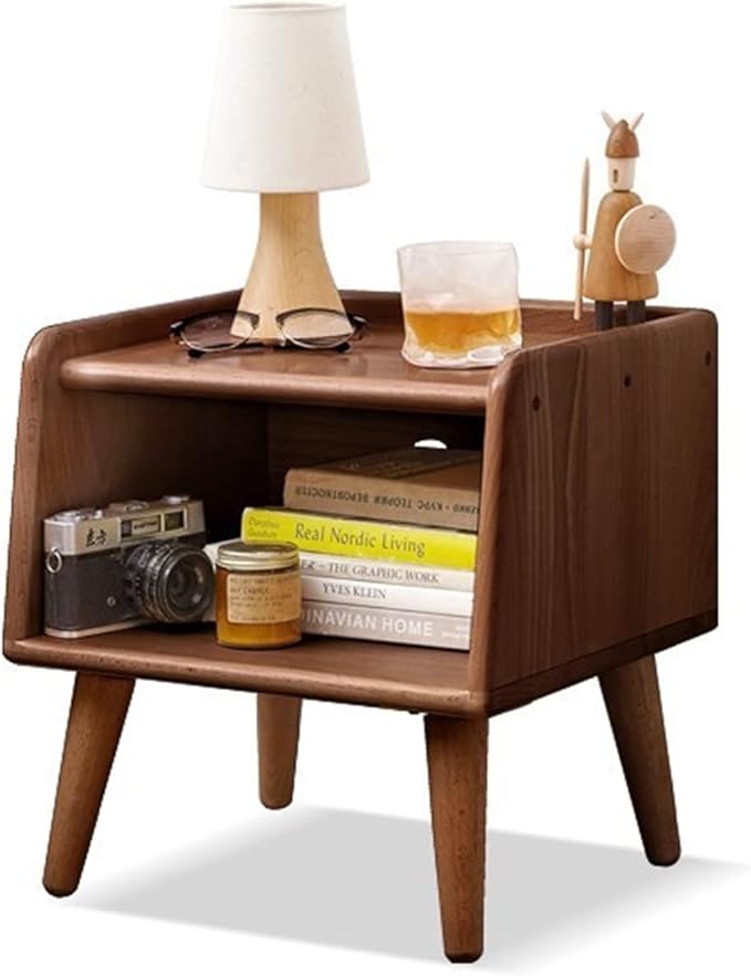 Short Nightstand - 100% Solid Wood Nightstand with Open Storage, Elegant Mid Century