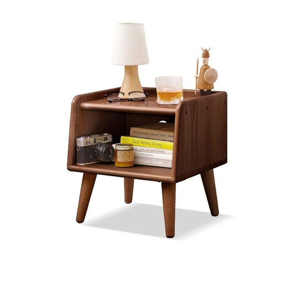 Short Nightstand - 100% Solid Wood Nightstand with Open Storage, Elegant Mid Century