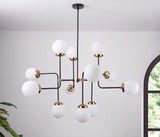 Light Fixture 12-Light Modern Black Gold Finish Chandelier Milk White Glass Globes Linear