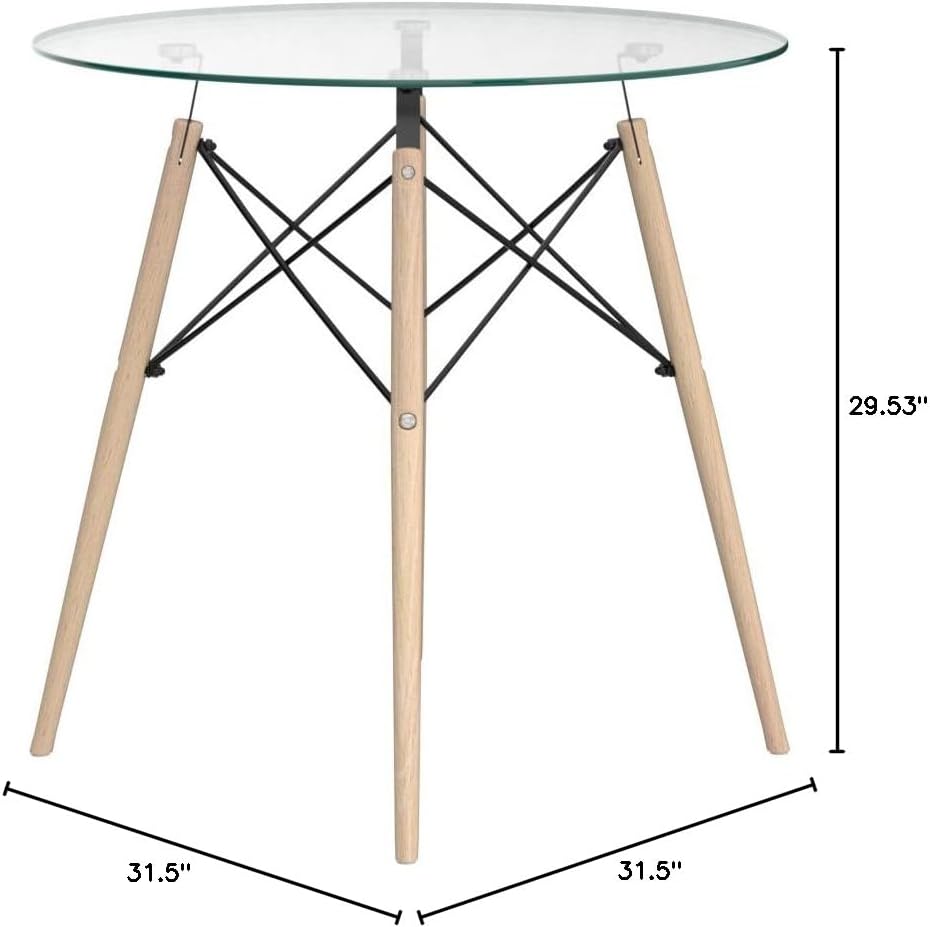 Clear Glass Dining Table,Modern Round Coffee Table with Wood Legs for Kitchen Dining Room and Living Room,