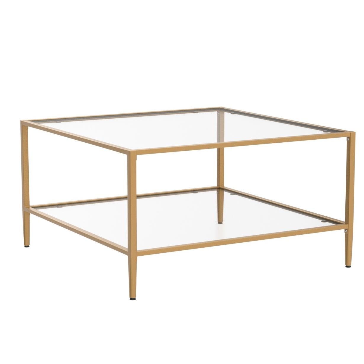 32” Square Glass Coffee Table, Large 2-Tier Accent Furniture for Living Room