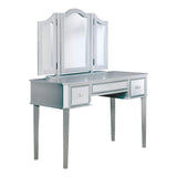 Vanity Desk with Stool, Drawers, 3 Sided Mirrors, Wood Frame, Silver and Gray