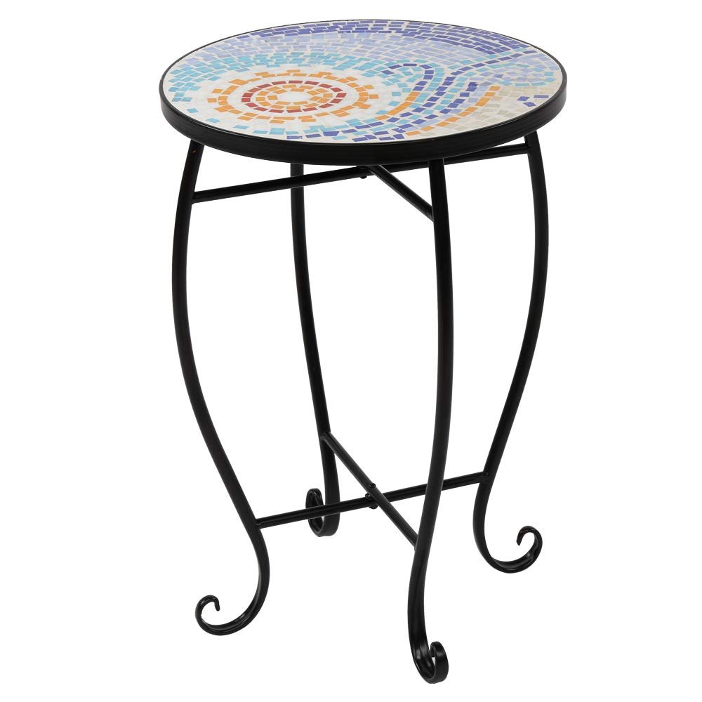 amuro Mosaic Accent Table Round Side Table, Wrought Iron Stained Glass Patio Flower Stand Outdoor Coffee End Table, Indoor Outdoor for Patio Lawn Garden Home (Sun Surface) - Bircata