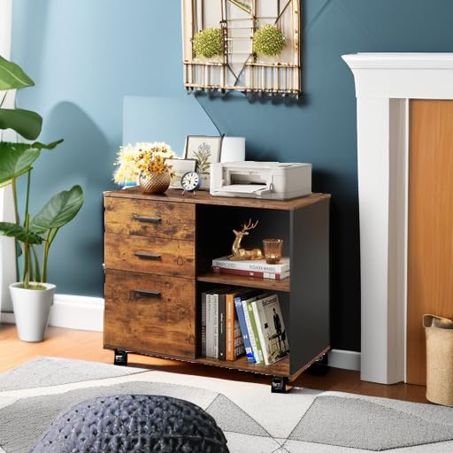3 Drawer Mobile File Cabinet, Wood Lateral Filing Cabinet, Printer Stand