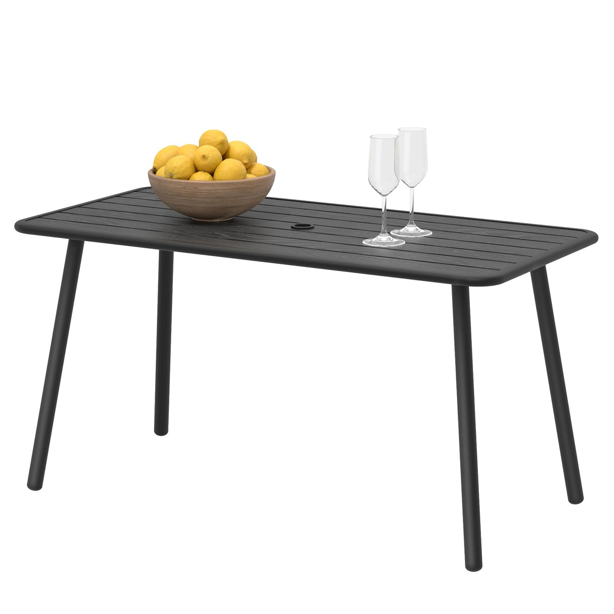 Rectangle Metal Outdoor Dining Table with Umbrella Hole for Outside Patio, Black