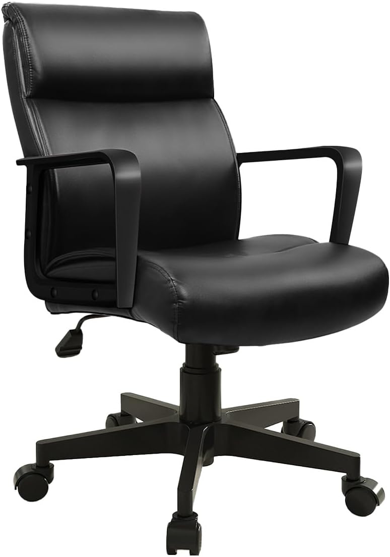 Black Leather Office Chair Mid Back Leather Desk Chair Modern Excutive Office Chair