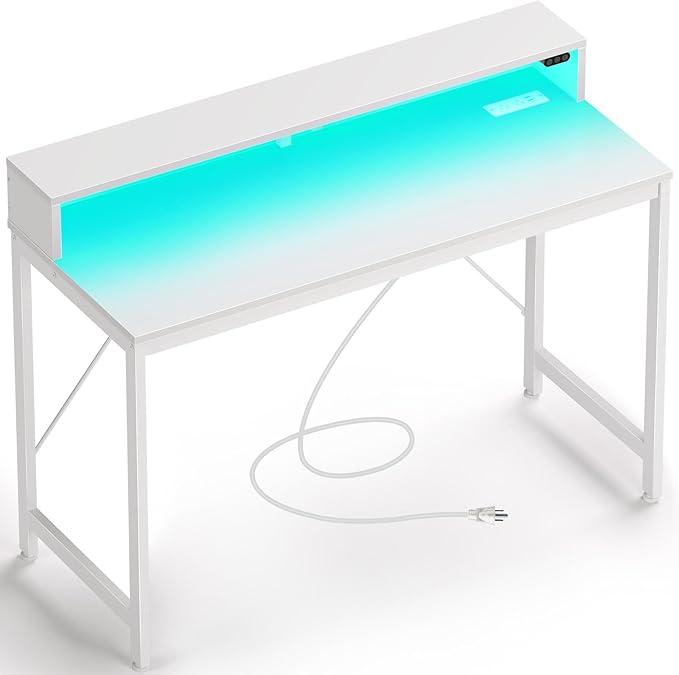 Computer Desk 47 inch with LED Lights & Power Outlets, Home Office Desk