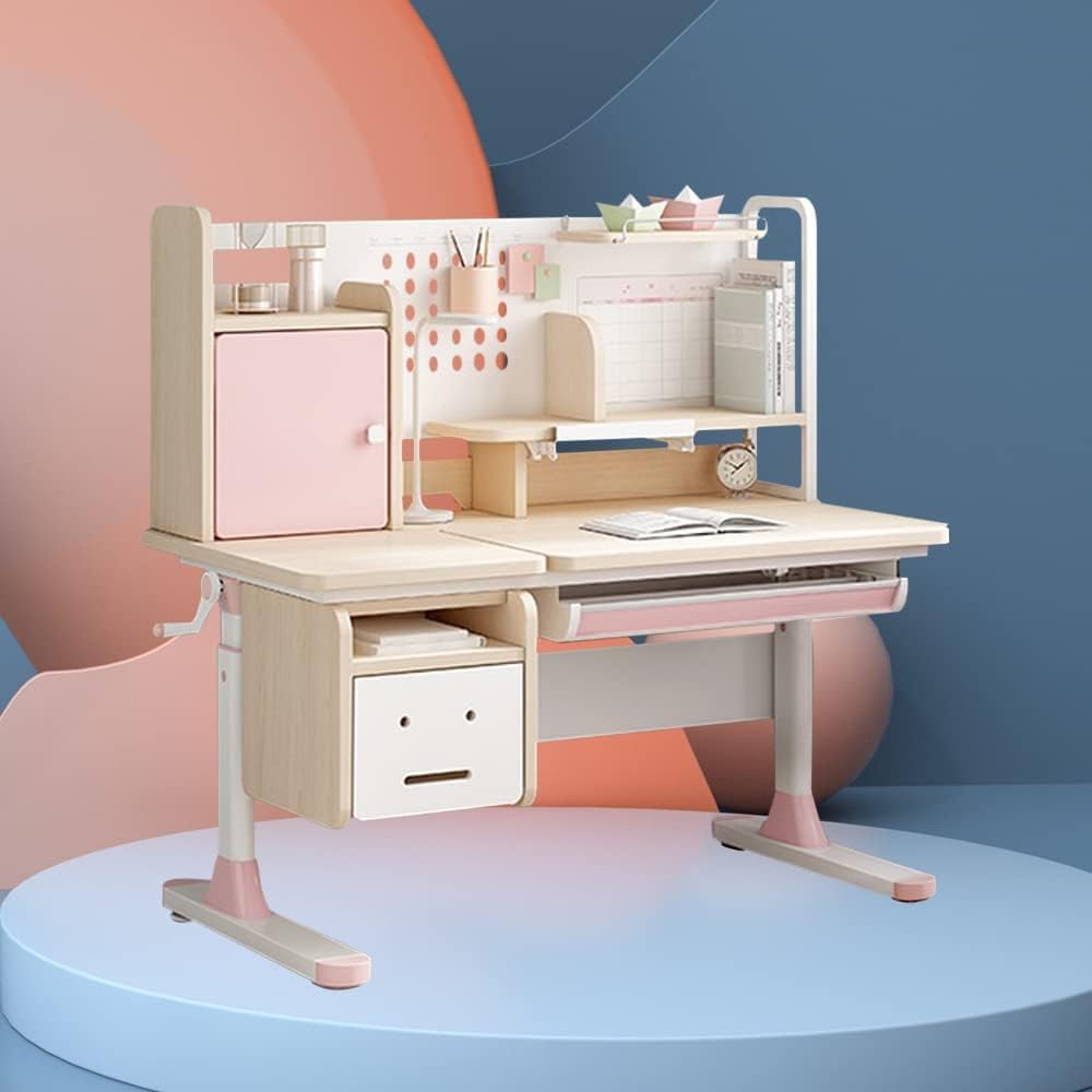 Desk and Chair Height Adjustable Wooded Children Desk with Bookshelf, Tiltable Desktop, Tablet Holder, Storage Cabinet and Pull-Out Drawer, Pink