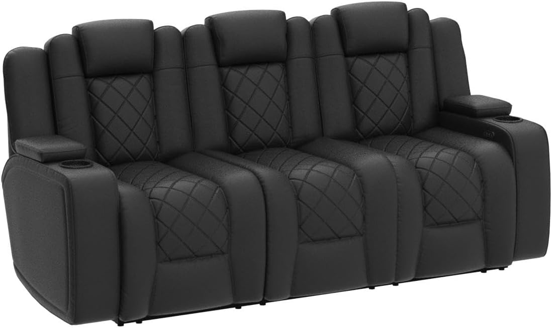 Theater Seating | 11000 Top Grain Black Leather, Power Recliner, with Drop Down Center Console (Row of 3)