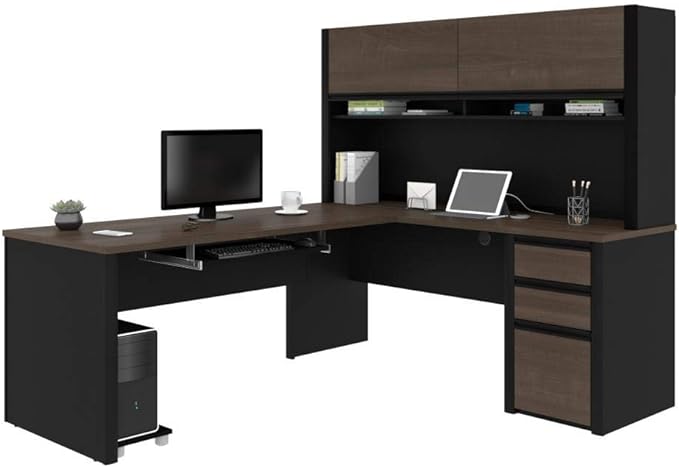 Connexion L-Shaped Desk with Hutch and Pedestal, 72W, Slate/Sandstone