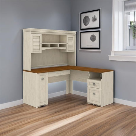 Co 60" W Farmhouse L-Shaped Wood Desk with Hutch, Large Vertical Closed Storage