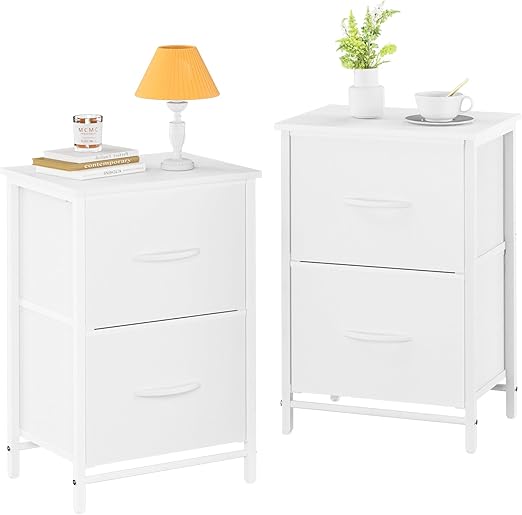 Fabric Nightstand Set of 2 - Small Wood Bedside Tables with Storage Drawers