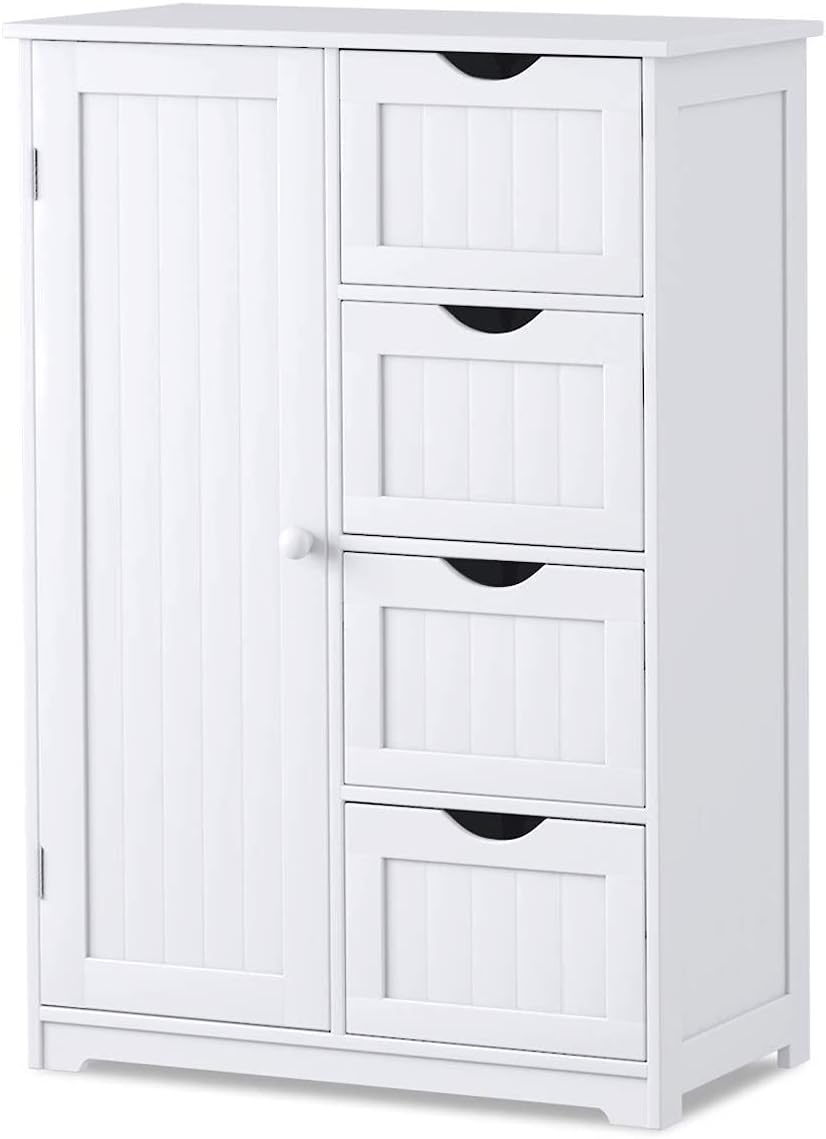 Bathroom Floor, 22” x 12” x 32” Wooden Cupboard w/1 Door & 4 Drawers, Freestanding