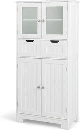 Bathroom Floor Storage Cabinet - Freestanding Cabinet with 2 Glass Doors, 2 Drawers
