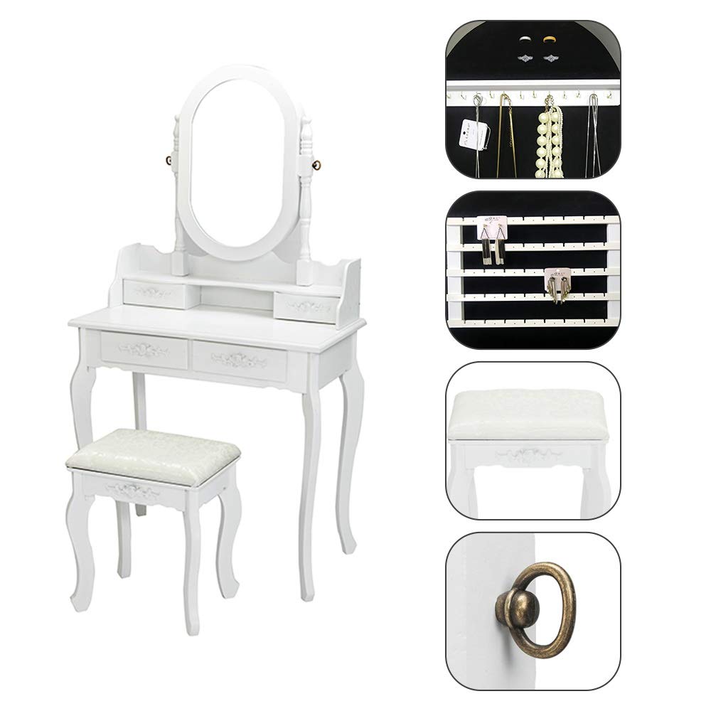 Jewelry Cabinet Vanity Table Set Wooden Makeup Table Oval Mirror, Bedroom Makeup