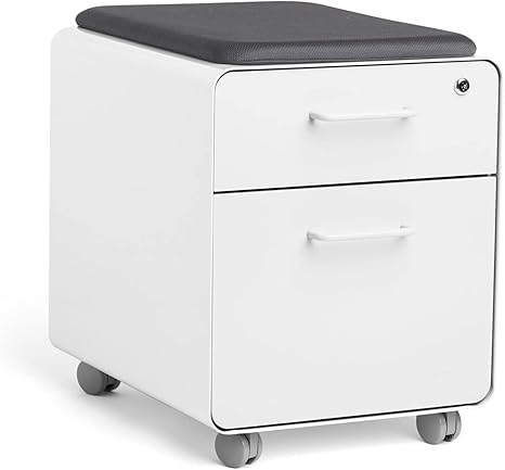 Mobile Mini Sittable Stow Rolling File Cabinet - White with Dark Gray Seat Cushion