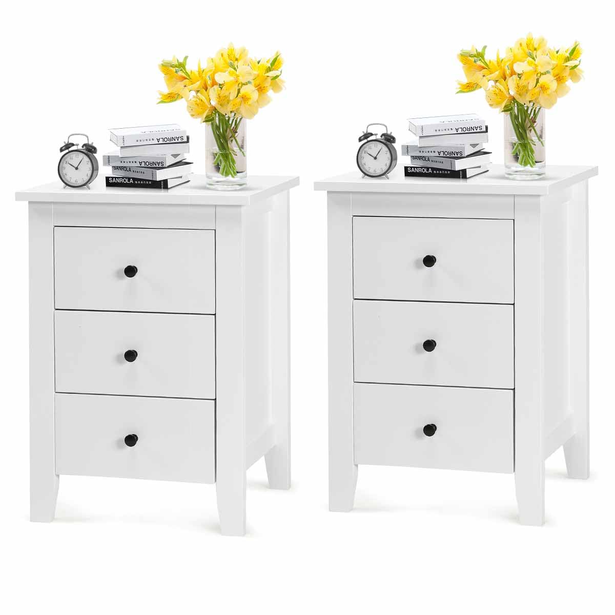 Nightstand, Side Table with 3 Drawers, Bedroom Side Storage Cabinet Wooden End Table Accent Table Solid Wood Legs (White, 2 Pics)