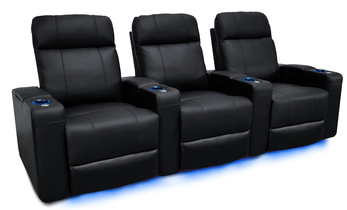 Theater Seating | Premium Top Grain Nappa 9000 Leather, Power Recliner, Power Headrest, LED Lighting (Row of 3, Black)