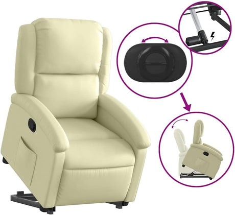 vidaXL Power Lift Recliner Chair - Cream Real Leather, Manual Reclining, Easy Stand-Up Function, Comfortable Seating for Elderly, Solid Frame, Convenient Side Pocket