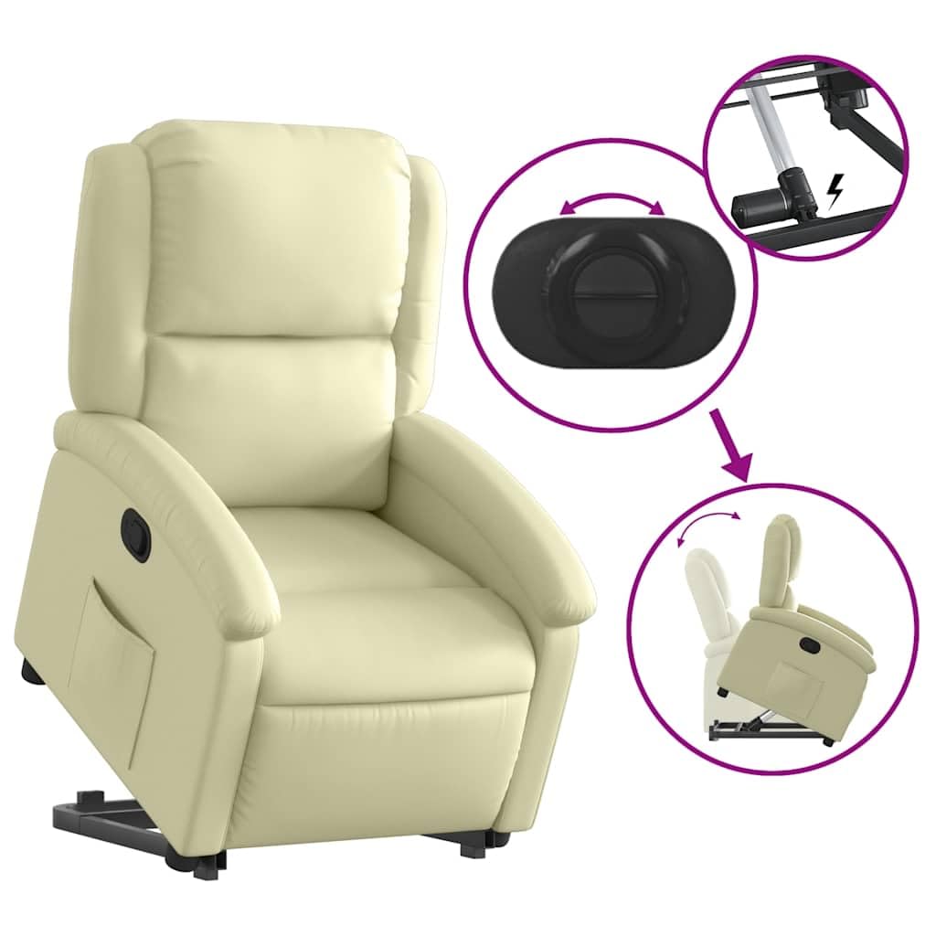 Recliner Chair - Cream Real Leather, Manual Reclining, Easy Stand-Up Function, Comfortable Seating for Elderly, Solid Frame, Convenient Side Pocket