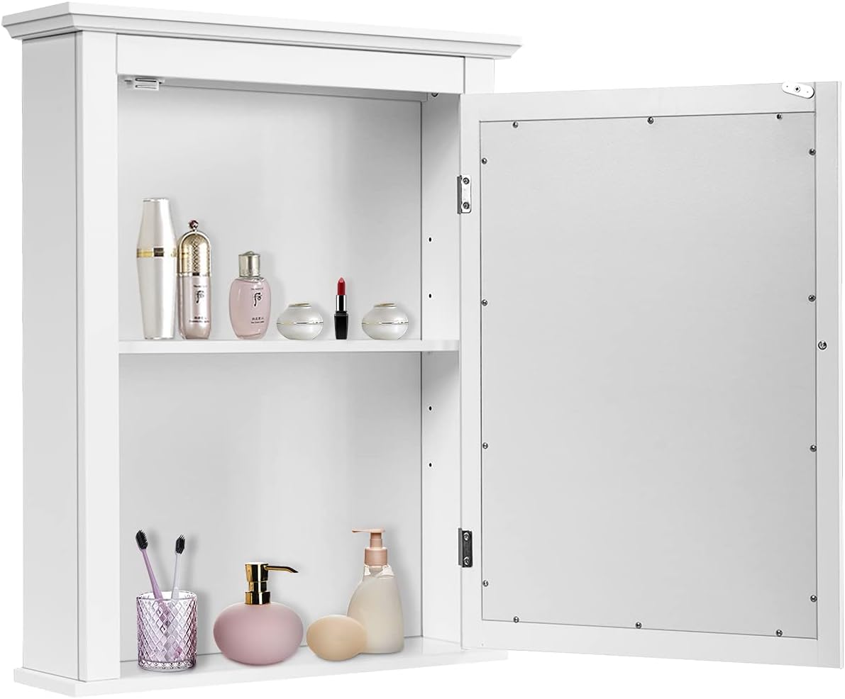 Mirrored Bathroom Cabinet, Wall Mount Wooden Medicine Storage Cabinet w/Single Door