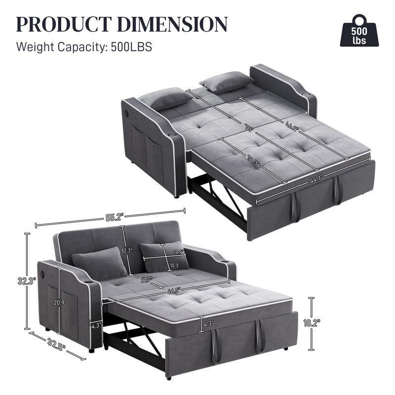 Sleeper Sofa Bed with USB Port, Velvet Pull Out Couch Bed, 3-in-1 Convertible