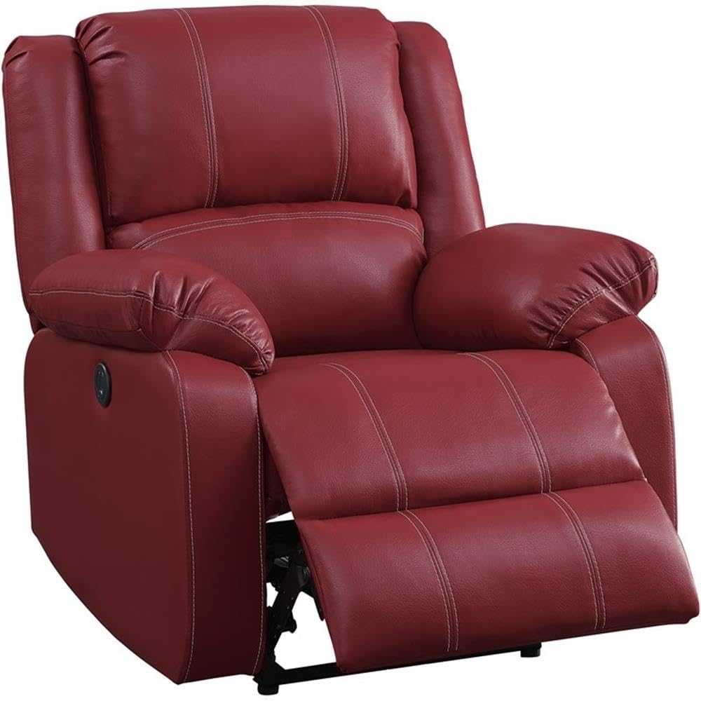 Zuriel Power Recliner with Pillow Top Armrest in Red Faux Leather