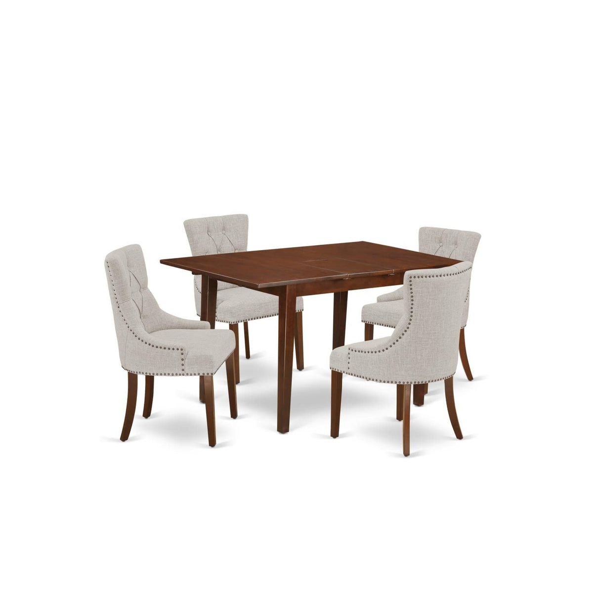 NOFR5-MAH-05 5Pc Dining Set Includes a Rectangle Dinette Table with Butterfly Leaf and Four Parson Chairs with Doeskin Fabric, Mahogany Finish