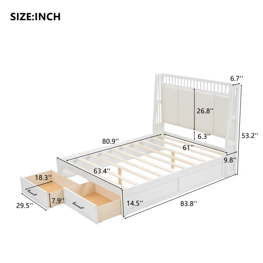 JIJIWANG Queen Size Wood Platform Bed with Upholstered Headboard and 2 Drawers, Antique White