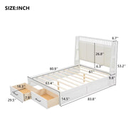 JIJIWANG Queen Size Wood Platform Bed with Upholstered Headboard and 2 Drawers, Antique White