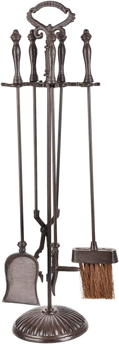 5PC Cast Iron Fireplace Tools Set, Heavy-Duty Large Fire Tool Set