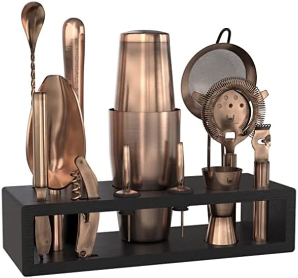 Bartender Kit with Black Bamboo Stand Beautiful Cocktail Shaker Set and Bar Tools