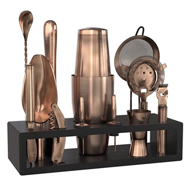 Bartender Kit with Black Bamboo Stand Beautiful Cocktail Shaker Set and Bar Tools