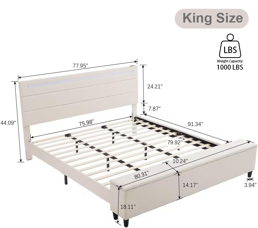 King Size Bed Frame with Headboard, USB Charging Station and LED Light, Footstool,