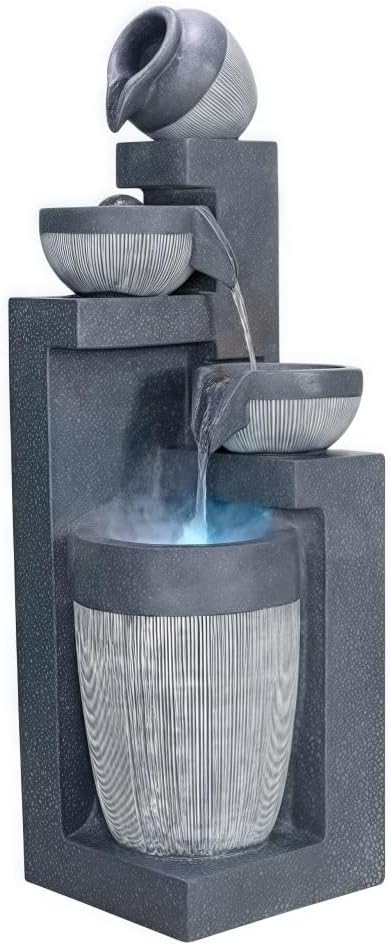 Water Fountain, 4-Tiers Modern Waterfall with LED Light, Backyard Water Fountain