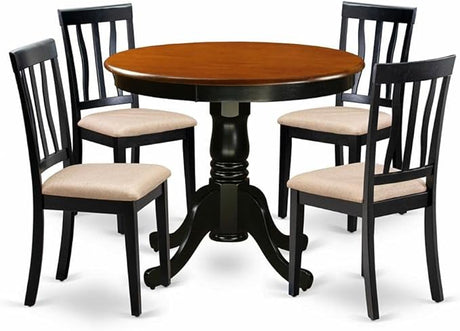 Antique 5 Piece Room Set Includes a Round Wooden Table with Pedestal and 4 Linen Fabric Kitchen Dining Chairs,