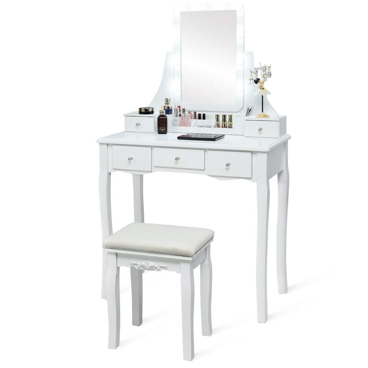 DORTALA Vanity Table Set w/Lighted Mirror, Morden Vanity Dressing Table w/ 10 Dimmable Light Bulbs & 5 Drawer, 2 Dividers Removable Organizer, Bedroom Makeup Table Set w/Cushioned Stool, White