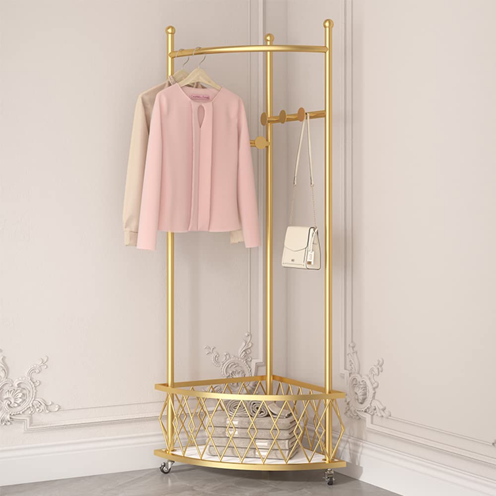Metal Corner Coat Rack, Corner Hall Tree with Storage Basket, Freestanding Clothes Rack Organizer