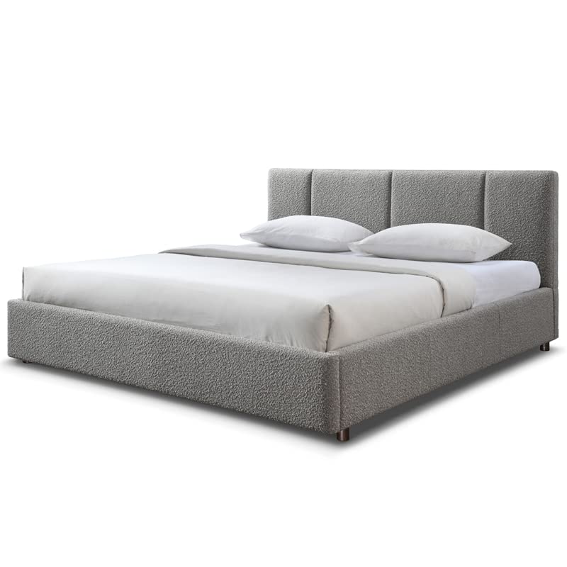 Venice Upholstered Platform Bed | Box Spring Not Required | (Grey Boucle, King Bed