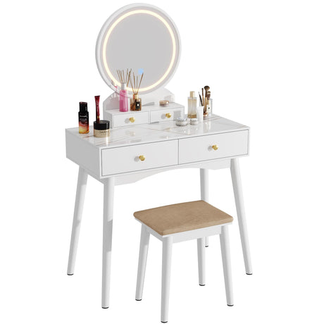 Vanity Desk with Round Mirror and Lights, Vanity Table Makeup Desk 4 Storage Drawers 3 Adjustable Colors LED Lights Matched Soft Cushioned Stool for Girls Bedroom (White) …